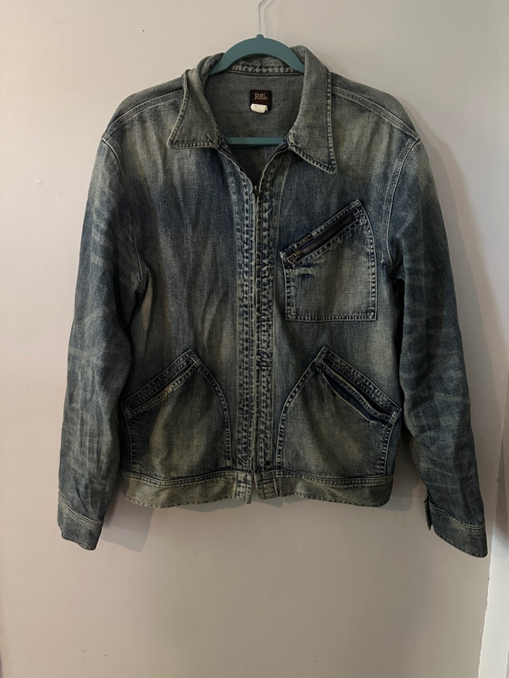 Ralph Lauren Double RL Distressed Light Blue Denim Zip Jacket